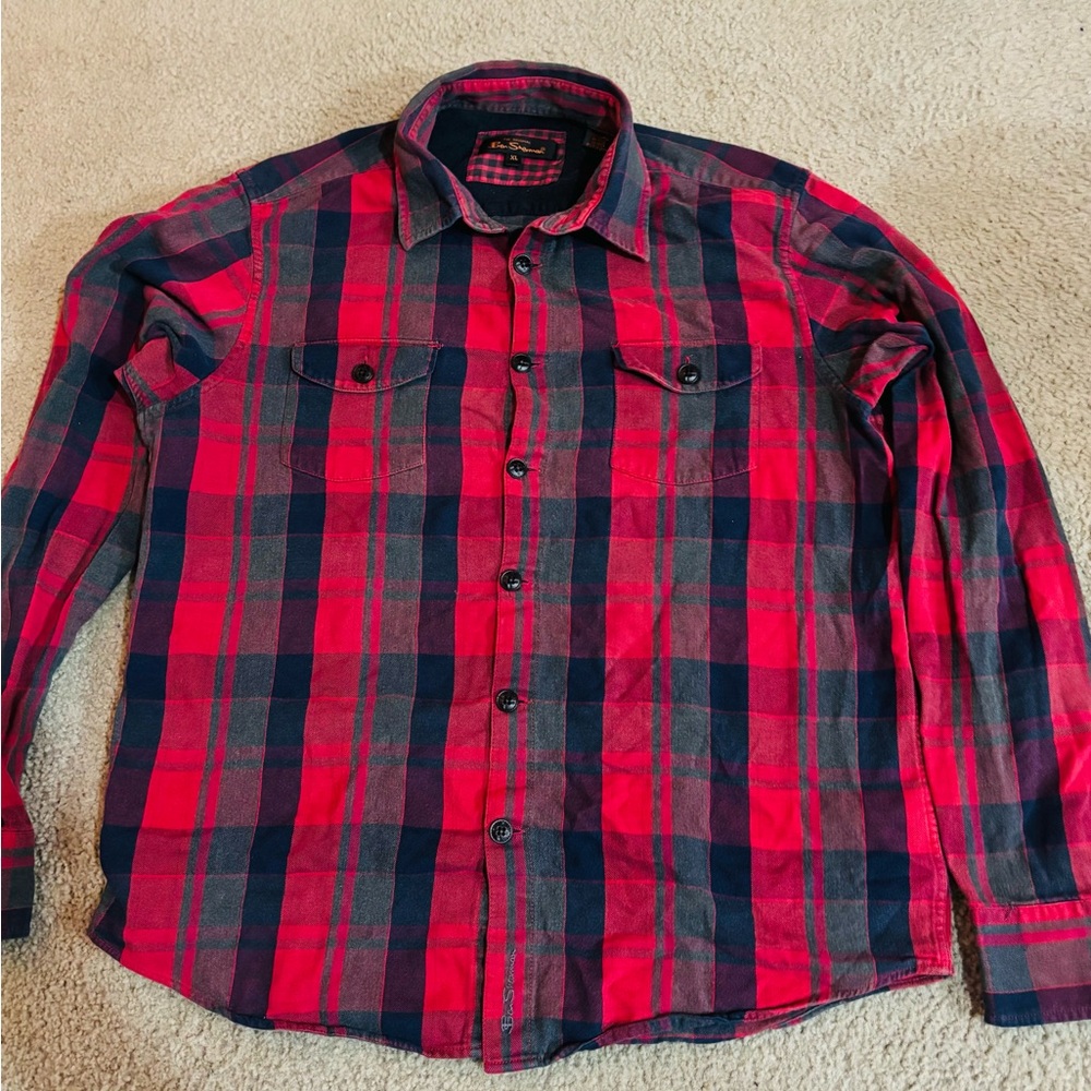 Ben Sherman Men's Red and Blue Plaid Shirt